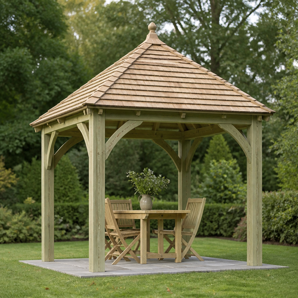 Oak post gazebo standing on a lawn